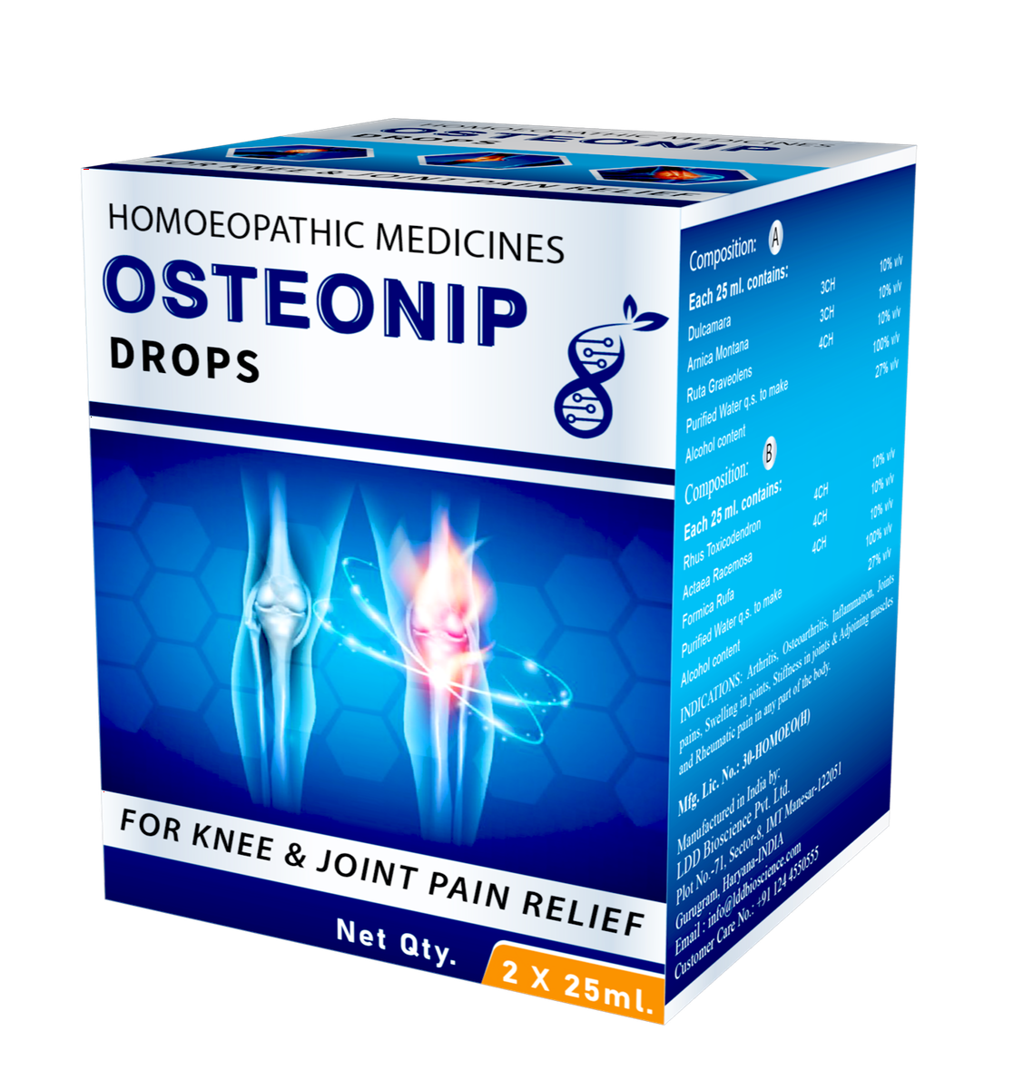 Packaging of Osteonip homeopathic medicine, highlighting joint pain relief with details on composition and dosage.