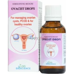 A bottle of Ovacist Drops for managing ovarian cysts and PCOD, displayed next to its packaging featuring an illustration of the female reproductive system.