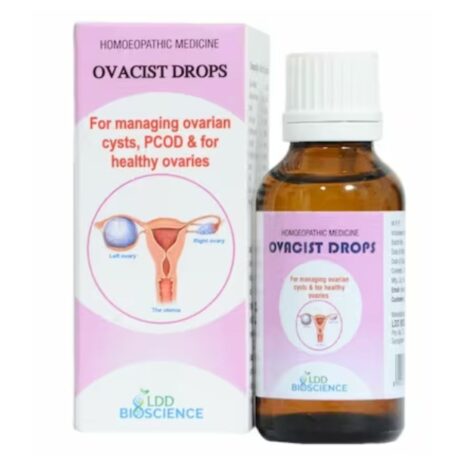 A bottle of Ovacist Drops for managing ovarian cysts and PCOD, displayed next to its packaging featuring an illustration of the female reproductive system.