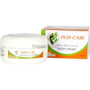 A jar of deep moisturizing foot cream next to its packaging, labeled "Pedi Care."