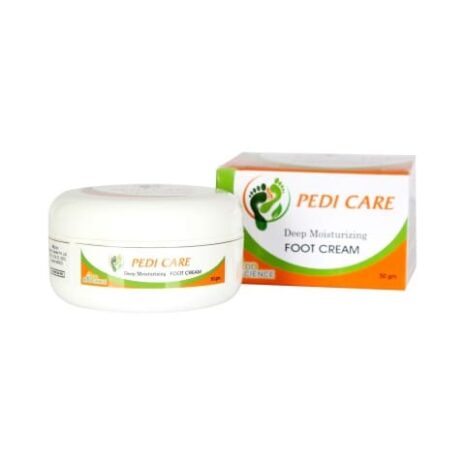 A jar of deep moisturizing foot cream next to its packaging, labeled "Pedi Care."