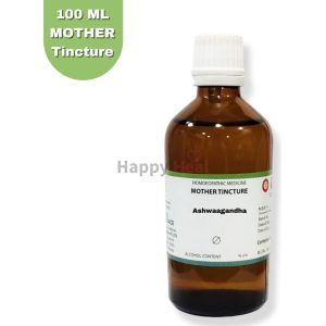 A brown glass bottle containing 100 ml of Ashwagandha mother tincture, labeled with alcohol content and homoeopathic medicine details.