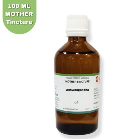 A brown glass bottle containing 100 ml of Ashwagandha mother tincture, labeled with alcohol content and homoeopathic medicine details.