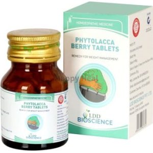 Bottle of Phytolacca Berry Tablets with packaging, marketed as a homeopathic remedy for weight management.