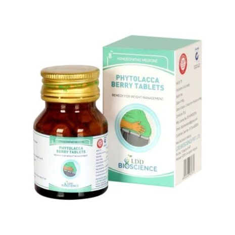 Bottle of Phytolacca Berry Tablets with packaging, marketed as a homeopathic remedy for weight management.