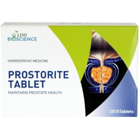 Packaging of Prostirite Tablets by LDD Bioscience, designed for maintaining prostate health, featuring an illustration of the male urinary system.