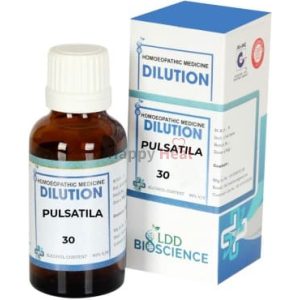 Pulsatila Homeopathic Dilution 30C::Bottle of Pulsatila homeopathic remedy with packaging, labeled with dosage information.