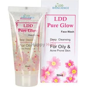 A 50ml tube of LDD Pure Glow Face Wash for oily and acne-prone skin, with a floral design and product details on the packaging.