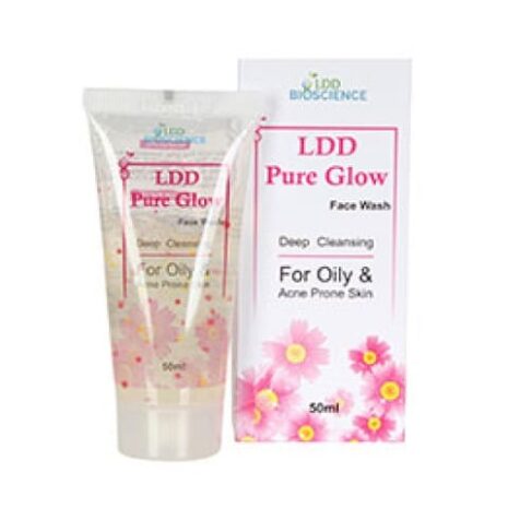 A 50ml tube of LDD Pure Glow Face Wash for oily and acne-prone skin, with a floral design and product details on the packaging.