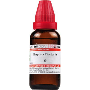 A 30ml bottle of Baptisia Tinctoria homeopathic medicine, featuring a red cap and label with dosage and manufacturer information.