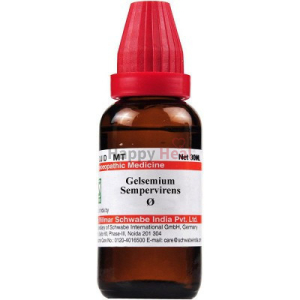 A bottle of Gelsemium Sempervirens homeopathic remedy, featuring a red dropper cap and labeled details.