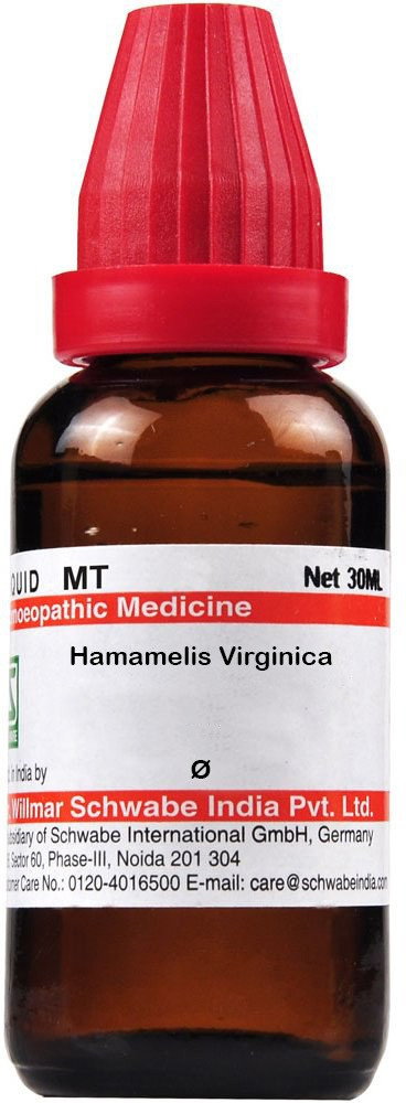 Brown glass bottle with a red cap, labeled "Hamamelis Virginica," indicating a homeopathic remedy by Willmar Schwabe India, 30 mL.