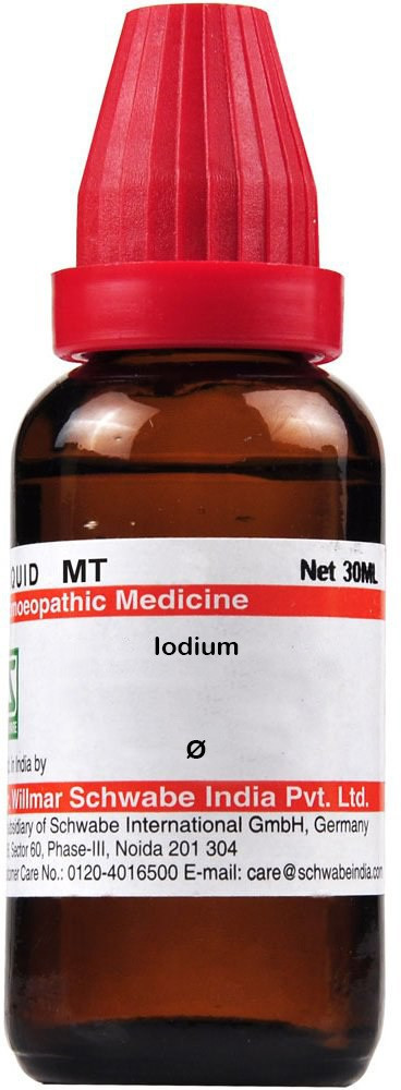 A 30ml glass bottle of iodine homeopathic medicine with a red dropper cap and label indicating its contents and manufacturer.