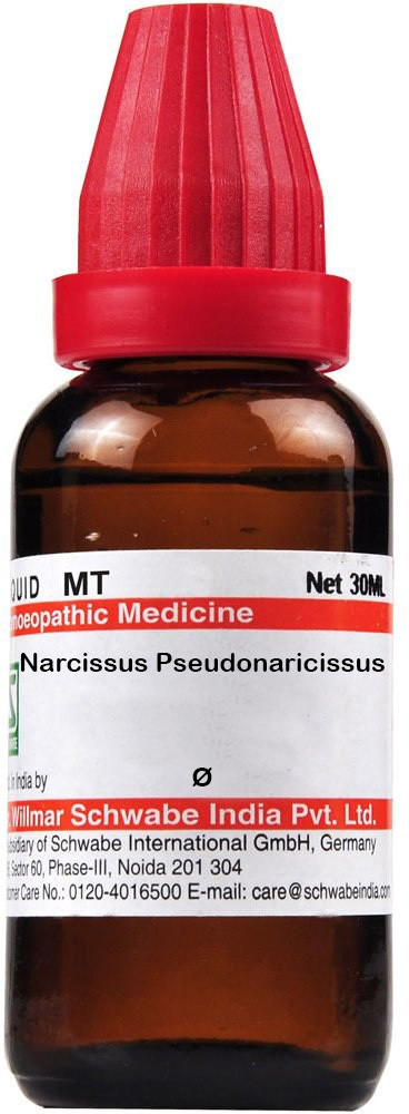 30ml bottle of Narcissus Pseudonarcissus homeopathic remedy by Willmar Schwabe India, labeled with usage instructions and contact information.