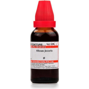 30ml bottle of Oleum Jecoris homeopathic medicine with a red dropper cap, labeled for medicinal use.