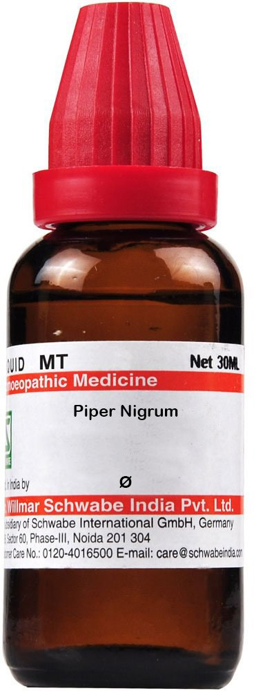 A 30ml bottle of Piper Nigrum homeopathic medicine, labeled with details including the manufacturer and usage information.