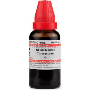 30 ml bottle of Rhododendron Chrysanthum homeopathic medicine with red dropper cap and label detailing manufacturer information.