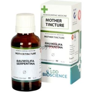 A bottle of homeopathic mother tincture labeled "Rauwolfia Serpentia" with its packaging, showcasing its alcohol content of 77%.