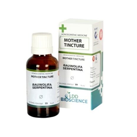 A bottle of homeopathic mother tincture labeled "Rauwolfia Serpentia" with its packaging, showcasing its alcohol content of 77%.