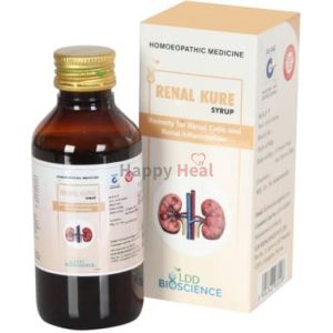 A bottle of Renal Kure syrup alongside its packaging, designed for homeopathic treatment of renal conditions and inflammation.