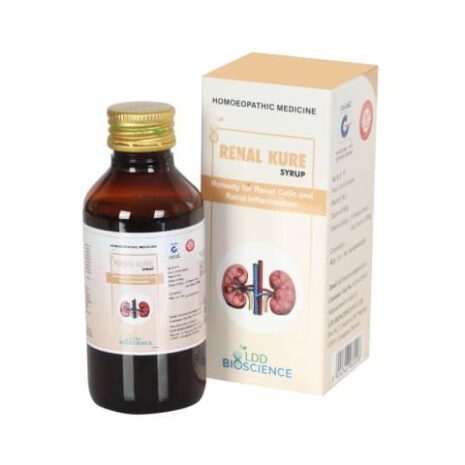 A bottle of Renal Kure syrup alongside its packaging, designed for homeopathic treatment of renal conditions and inflammation.