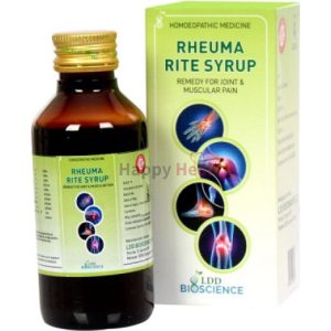 A bottle of Rheuma Rite Syrup next to its packaging, promoting relief from joint and muscular pain.
