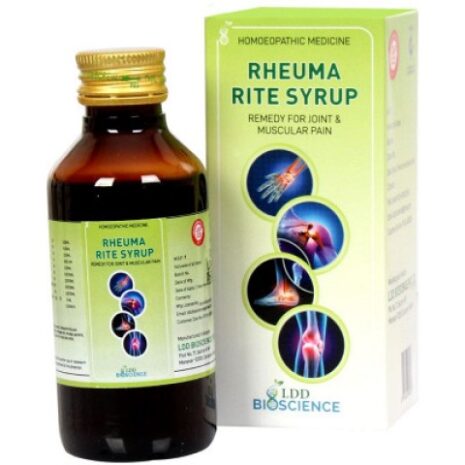 A bottle of Rheuma Rite Syrup next to its packaging, promoting relief from joint and muscular pain.