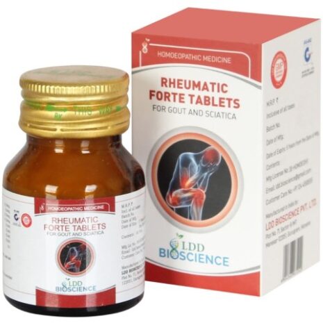A bottle and box of Rheumatic Forte Tablets from LDD Bioscience, a homeopathic remedy for gout and sciatica.