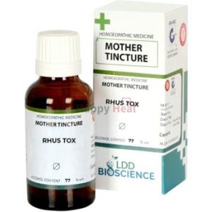 A glass bottle of homeopathic Mother Tincture labeled Rhus Tox, accompanied by its box, featuring medical information and branding from LDD Bioscience.