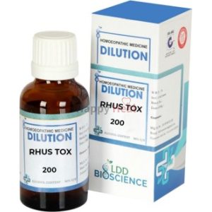 A bottle of homeopathic dilution labeled Rhus Tox 200, accompanied by its blue and white packaging from LDD Bioscience.