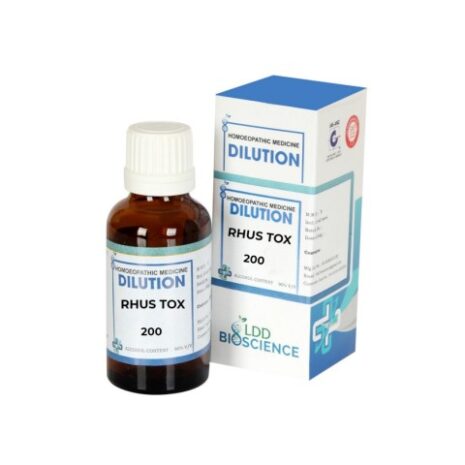 A bottle of homeopathic dilution labeled Rhus Tox 200, accompanied by its blue and white packaging from LDD Bioscience.