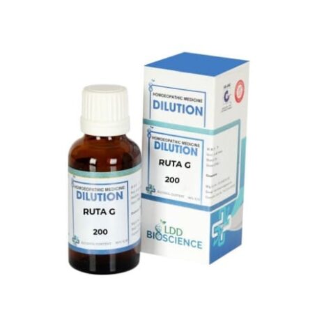 Brown glass bottle of Ruta G homeopathic dilution 200 with a white cap, alongside a blue and white box displaying the product details.