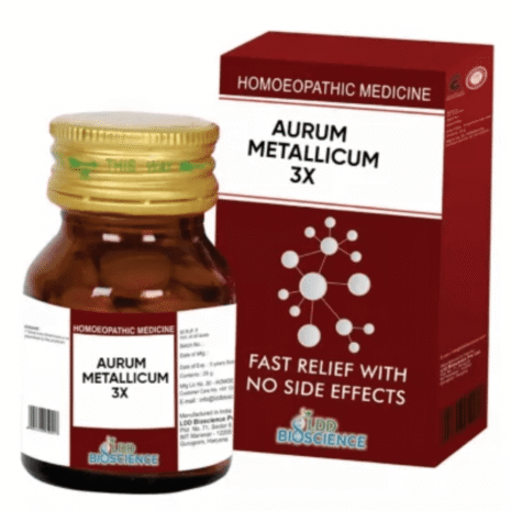 Bottle of Aurum Metallicum 3X with packaging highlighting its benefits of fast relief and no side effects.