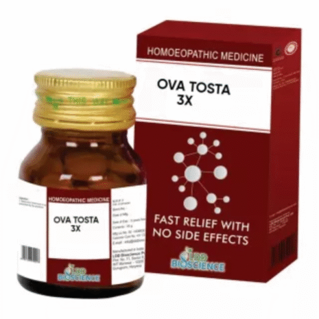 Ova Tosta 3X Homeopathic Medicine:::A bottle of Ova Tosta 3X homeopathic medicine with a red box, emphasizing fast relief with no side effects.