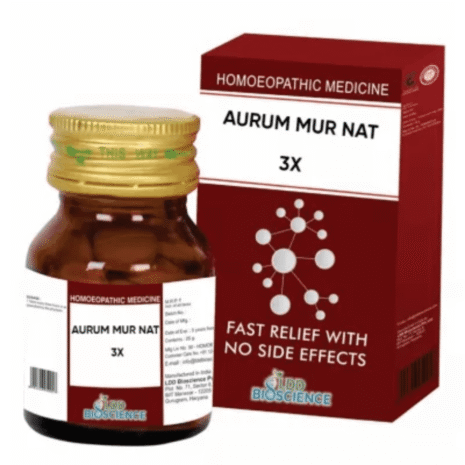 A bottle of Aurum Mur Nat 3X homeopathic remedy alongside its packaging, emphasizing fast relief without side effects.