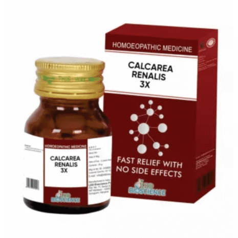 Bottle of Calcarea Renalis 3X homeopathic medicine next to its packaging, promoting fast relief without side effects.