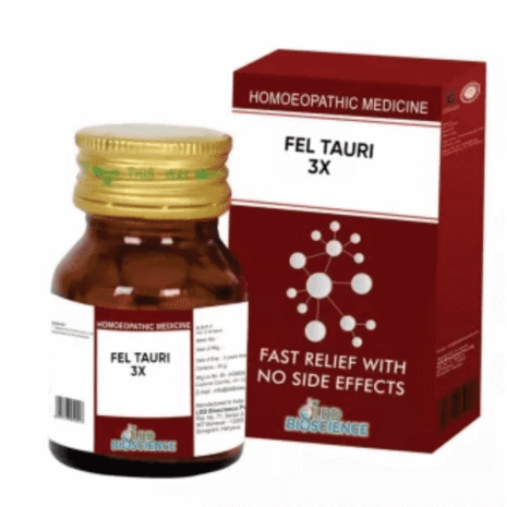 Fel Tauri 3X Homeopathic Medicine:::A bottle of Fel Tauri 3X homeopathic medicine alongside its packaging, promoting fast relief with no side effects.