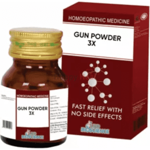 A bottle of Gun Powder 3X homeopathic medicine alongside its red packaging, labeled for fast relief with no side effects.