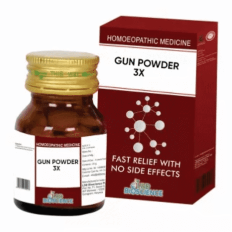 A bottle of Gun Powder 3X homeopathic medicine alongside its red packaging, labeled for fast relief with no side effects.