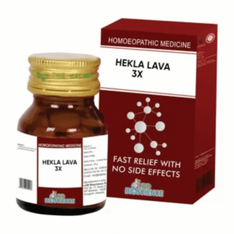 A bottle of Hekla Lava homeopathic medicine 3X next to its box, featuring details about the product and claims of fast relief with no side effects.
