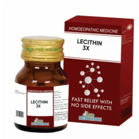 A bottle of Lecithin 3X homeopathic medicine alongside its packaging, highlighting key features like "Fast Relief with No Side Effects."