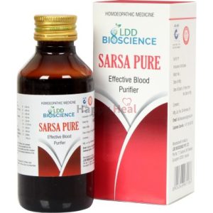 Bottle of Sarsa Pure, an effective blood purifier in homeopathic packaging.