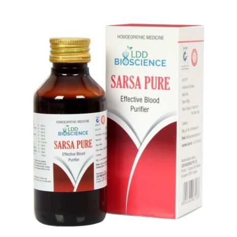 Bottle of Sarsa Pure, an effective blood purifier in homeopathic packaging.