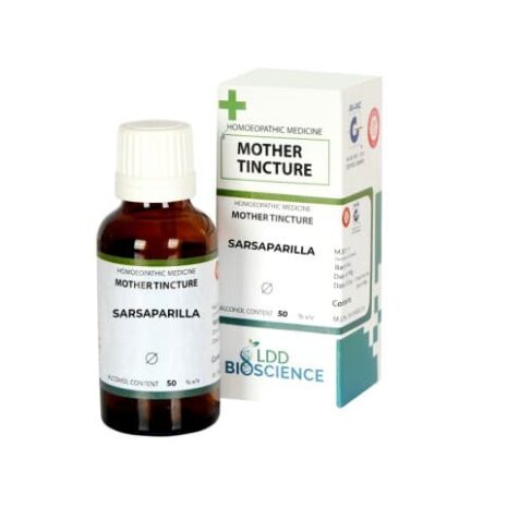 A bottle of homeopathic mother tincture labeled 'Sarsaparilla,' accompanied by its packaging, featuring information about its alcohol content.