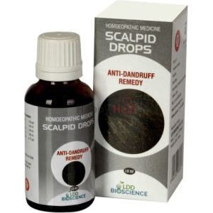 A bottle of Scalpid Drops anti-dandruff homeopathic medicine next to its box, featuring a dark circular design.