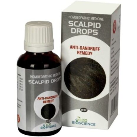 A bottle of Scalpid Drops anti-dandruff homeopathic medicine next to its box, featuring a dark circular design.