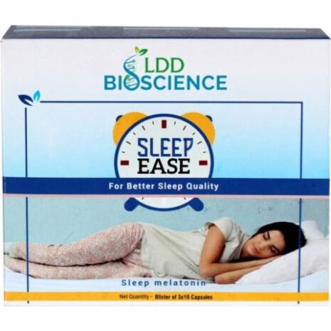 Box of "Sleep Ease" capsules promoting better sleep quality, featuring a woman peacefully sleeping on a bed.