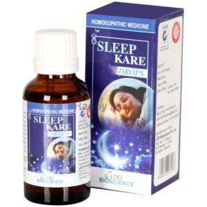 A bottle of Sleep Kare homeopathic medicine for sleep, featuring a serene design with a woman sleeping under a starry sky on the label.