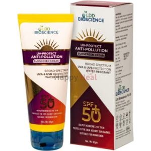 A tube and box of UV-Protect Anti-Pollution Sunscreen Cream, labeled SPF 50, highlighting its broad-spectrum UVA and UVB protection and water-resistant properties.