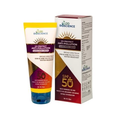 A tube and box of UV-Protect Anti-Pollution Sunscreen Cream, labeled SPF 50, highlighting its broad-spectrum UVA and UVB protection and water-resistant properties.